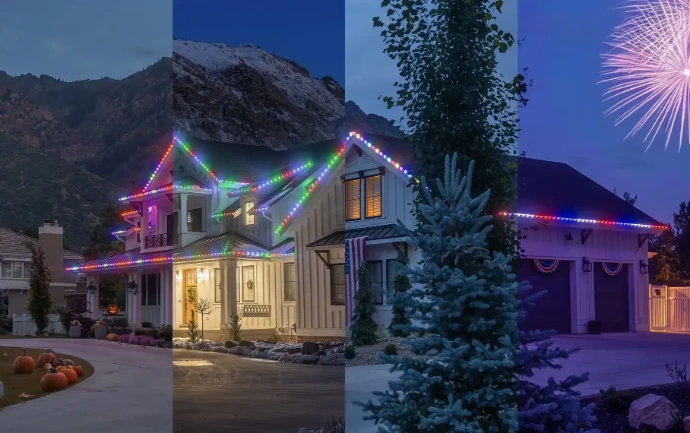 Permanent LED lighting following gables and dormers on a two-story elevation